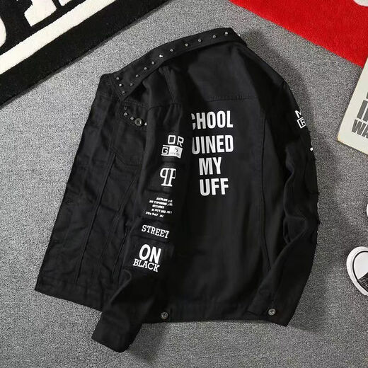 FHHUABD潮牌复古牛仔外套男士春秋季感印花休闲夹克男装秋冬2023新款 834黑色 L 125斤以内可穿