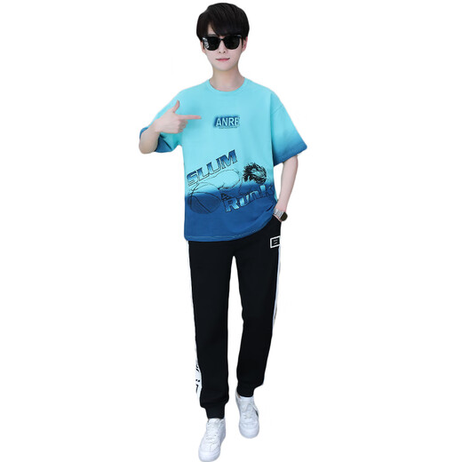 Qiao Yumeng Summer Boy Sweatshirt à manches courtes T-shirt T-shirt T-shirt T-shirt 15 Je Junior School Sleep 14 Sports Sport Grey Suit 9226 (pantalon à manches courtes + 0,5 kg]) M (recommandé 78-95 Jin [Jin est égal à 0,5 kg]))