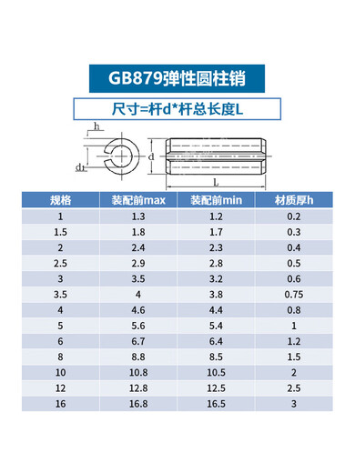 安捷顺304不锈钢弹性圆柱销空心销弹性肖开口销子GB879m1.5m2m3m4m5m6m8 6*12200个