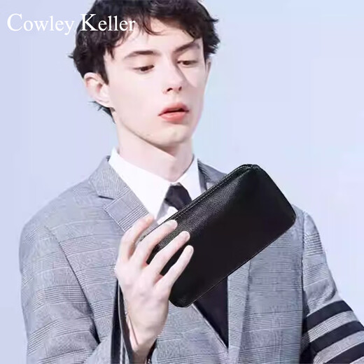 Cowley Keller Herrenkupplungsbeutel Echtes Leder Brieftasche Herrenkopfschicht Cowide Tragbarer Aufbewahrungstasche Weiche Ledertasche Pendeln tragbare Handybeutel Schwarz 21*4.5*11 cm