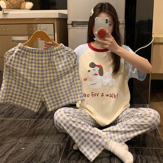 Aifenrou pijamas de tres piezas de verano para mujer pantalones de manga corta de algodón puro conjunto fino y lindo para niñas primavera otoño verano conjunto de ropa para el hogar conjunto de tres piezas W1105K manga corta + pantalones cortos + pantalones M Peso 80-100 Jin Jin equivale a 0,5 kg