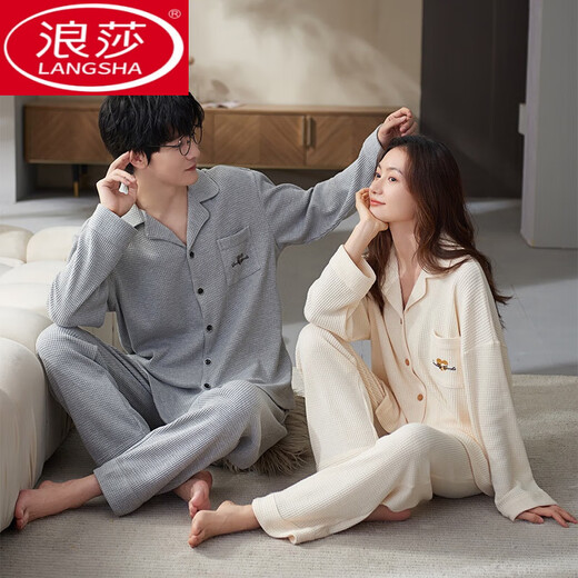 LangSha couple pajamas spring and autumn pure cotton long-sleeved casual men and women student dormitory autumn and winter home clothes for outdoor wear long sleeves M9856 L couple women + men L