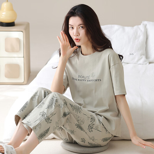 莫代尔全棉女士睡衣套装夏季棉短袖卡通长裤韩版家居服可外穿夏天 Y9713 M (建议75-95斤)