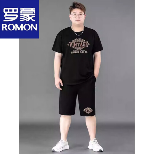 罗蒙ins潮牌短袖T恤男夏季套装胖子加肥加大薄款休闲裤宽松运动装 9922黑色 高品质冰丝套装 XL 建议130-140斤