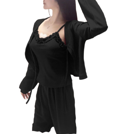 FHHUABD法式纯欲风花边性感女睡衣带胸垫三件套春秋蝴蝶结吊带开衫家居服 677斩男花边三件套【带胸垫】 M 【建议95斤内】