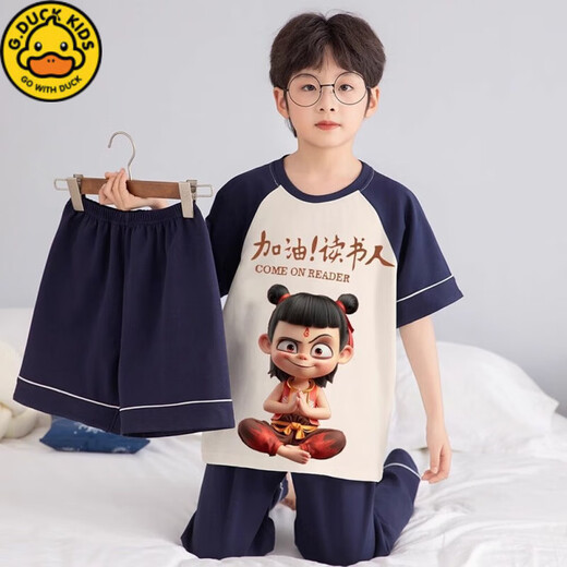 G.DUCKKIDS小黄鸭2025夏季新款卡通哪咤敖丙睡衣男童短袖短裤儿童男孩家居服 12353#三件套 170 10码【身高110-120CM体重45