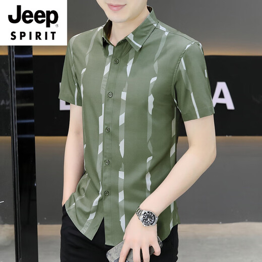 JEEP SPIRIT新款2025夏季男士短袖衬衫潮流痞帅气感冰丝薄款凉爽衬衣 7027黑色 M 90-110斤