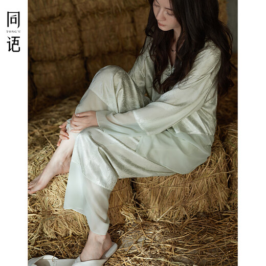 同语年新款冰雪丝睡衣女春夏季长袖宽松可外穿女士家居服套装 女士-S3880 XL 170（身高168-175cm，体重12