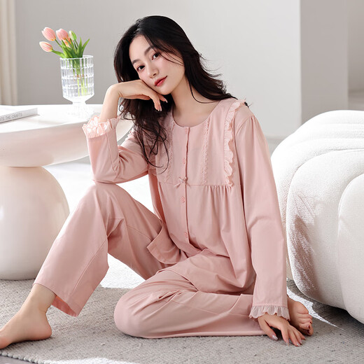 夸感睡衣女秋季纯棉长袖开衫女款春秋天可外穿柔感宫廷风高级感家居服 684 柔粉 L 【160-165CM/110-125斤】