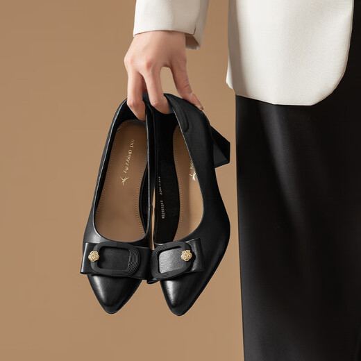 
Red Dragonfly Leap Moon Shoes High Heels 25 Spring Thick Heels Women's Shoes Pointed toe Workplace Small Leather Shoes Single Shoes WLB15124 Black 39