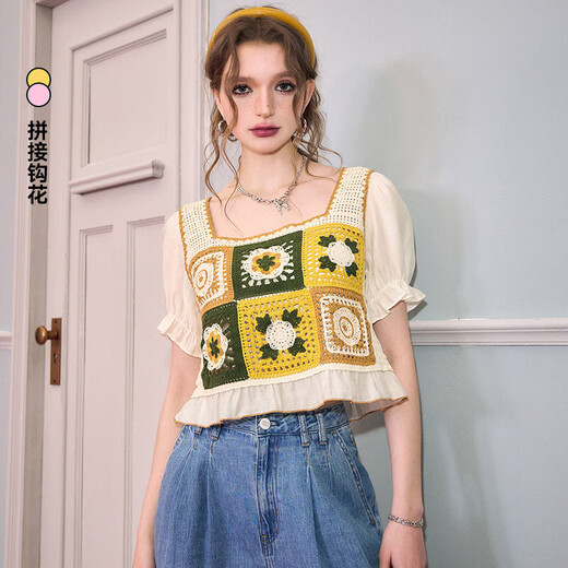 Fairy pocket chiffon spliced square collar crochet sweater for women 2024 spring and summer new puff sleeve short top Gentle pink M
