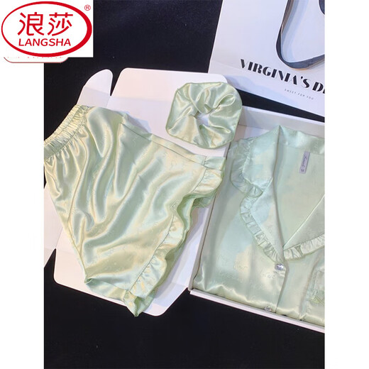 Langsha 2025 Новая пижама для женщин Лето-костюм Thin Cool Ice Silk Silk с короткими рукавами в стиле принцессы Ruffled Ruffual Home Clothing WLW-9221 [Шорты с короткими рукавами] M [Предлагается 80-100JIN [JIN равен 0,5 кг]]]