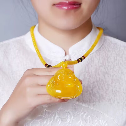 IosnIOSN Natural Baltic Chicken Fat Yellow Amber Beeswax Maitreya Buddha Pendant Big Belly Laughing Buddha Sweater Chain with Certificate