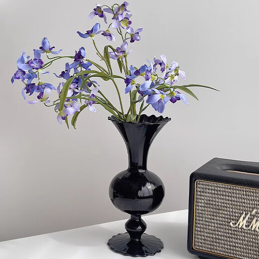 Jin Riman French medieval black vase decoration living room flower arrangement retro light luxury high-end glass hydroponic flowers dried flower vase Medieval vase black large size 22cm