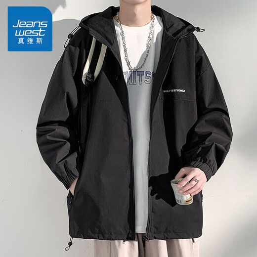 Jeanswest hooded jacket men's spring and autumn new trendy brand versatile outer wear long-sleeved tops men's loose casual jacket black L