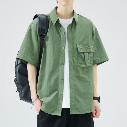 美特斯邦设计感短袖口袋衬衫男夏季日系Cityboy宽松休闲翻领工装衬衣外套 美特斯邦威1105米杏 M 90-104斤