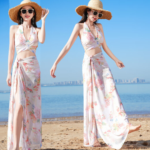 Guiqi three-piece swimsuit for bathing in hot springs, conservative belly-covering, high-end sexy slimming long skirt, beach vacation photo swimsuit, pink, one size fits all, recommended 80-120 Jin Jin equals 0.5 kg