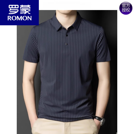 罗蒙（ROMON）夏季翻领无痕短袖T恤男士竖条纹休闲polo衫男装潮流薄款冰丝半袖 灰色 6996 M 170