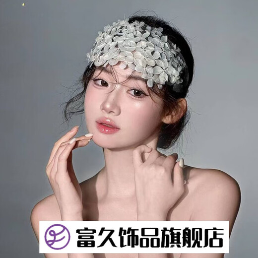 富久法式复古手工白色花瓣半花环额饰发箍发带新娘婚纱礼服跟妆头饰品 模特同款头饰