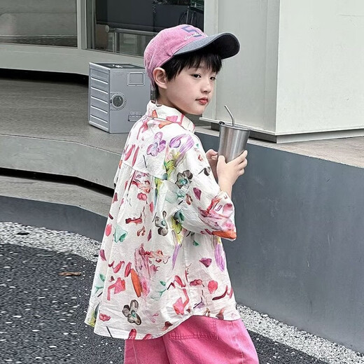 G.Duck Blumenhemd Jungen Sommer Thin Hong Kong Style Seaside Casual Kurzärmelig-Urlaub Retro-Shirt Trend mittelgroße Kinderjacke 6621 Pink Shirt Single Piece 140
