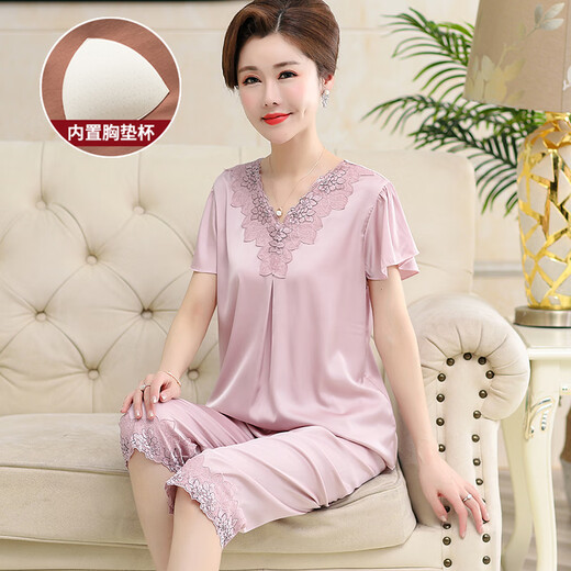 浪莎（langsha）带胸垫中年妈妈睡衣女夏季真丝薄款短袖冰中老年人家居服套装 AYM684粉 2XL 不带胸垫
