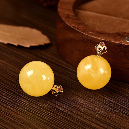 DL 1998 Fat Donglai same style beeswax pendant Russian natural l demon flower bead 18K gold inlaid chicken fat yellow single bead pendant 18k gold inlaid beeswax pendant 13mm