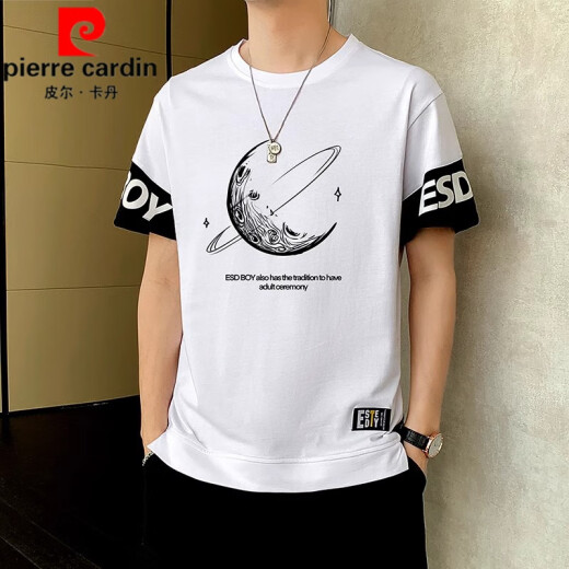 皮尔卡丹（pierre cardin）纯棉短袖t恤男夏季潮牌薄款圆领半袖体恤青少年潮流假两件上衣服 9196白色 L (约105~120斤可穿)