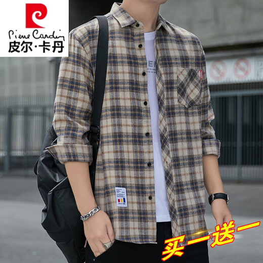 Pierre Cardin plaid casual shirt men's spring and autumn long-sleeved shirt Korean style tops retro loose summer thin jacket K12111 yellow blue M 90-110Jin Jin equals 0.5 kg