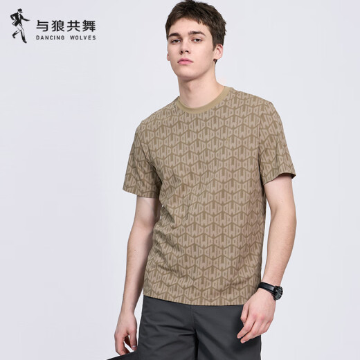 与狼共舞【满身印花】含桑蚕丝短袖T恤2025夏季新款圆领抗菌凉感上衣6035 卡其701 XL (180)