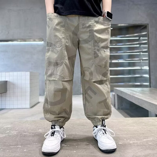 Boys summer breathable trousers 2025 new cool and handsome children's foot tying mosquito-repellent pants medium-sized children's thin work pants YL-2071 [Khaki] 130