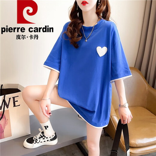 皮尔卡丹（pierre cardin）夏季假两件短袖t恤女纯·棉宽松刺绣上衣设计感中长款ins潮大尺码 1502蓝色 印花纯·棉 XL 140-165斤