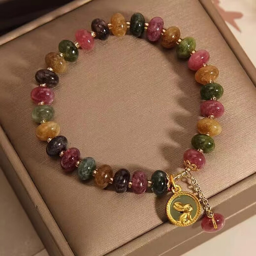 Luo Fanxin's tourmaline jade bracelet for women, niche light luxury retro moon rabbit pendant, exquisite hand ornaments for Valentine's Day, tourmaline full moon blessing bracelet