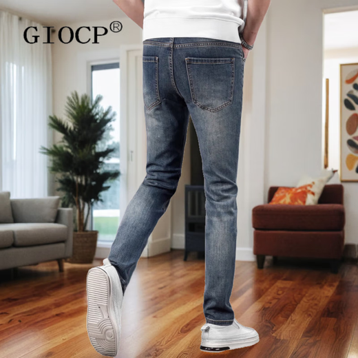 Giocp Hong Kong Modemarke High Street Ripped Patch Jeans 2025 NEUER SOMMEN SMALTE SLIM SLIM SLIME HALLE High-End-Bullet AM-693 Blue 30 120-130jin [Jin ist 0,5 kg]