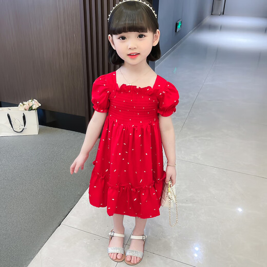 Mumuwu chiffon dress girls 2025 summer thin red princess dress new baby summer children's short-sleeved skirt red 90 (recommended 80-90cm 1-2 years old)