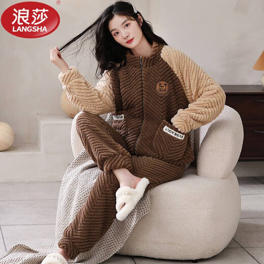 浪莎（LangSha）睡衣女士秋冬季珊瑚绒加绒加厚可外穿大码拉链法兰绒家居服套装 9712 双面提花绒 XL [建议120-140斤]