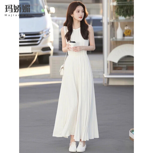 Majiaomei White Sleeveless Vest Dress Women Summer 2025 New Light Luxurious Exquisite Waist Tightening Temperament Skirt Women White Dress L