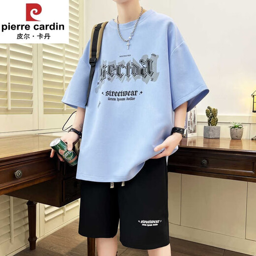 Pier Cardin Sommer Neues Kurzärmel-T-Shirt für Männer Junior High School und Highschool-Schüler Sportanzug für den trendigen, hübschen Sommeranzug der jungen Menschen NZJ-6626 Hellblau (Top + Shorts) XL 115 bis 130 Jin [Jin gleich 0,5 kg]