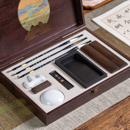 Zhang Xiaofeng's Four Treasures of Study Set Brush Calligraphy Set Beginner's Soft Pen, Ink, Paper and Inkstone Set Chinese Painting Storage Box Holiday Gift Wanli Mountains and Rivers Entry-level Model