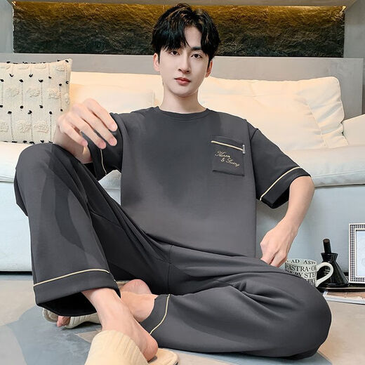 莫代尔纯棉男士睡衣夏季全棉短袖长裤春秋薄款可外穿大码家居服套装 纯棉男士睡衣13077# L [建议体重:100-130斤]