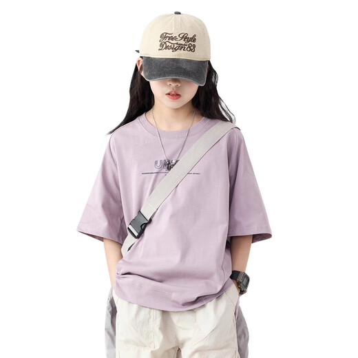 Pitt Pitt Girl Summer Summer Camiseta de manga corta 2025 Nuevo para niños sueltos Top de verano Media grande Niños grandes Gran manga Estudiante de secundaria T 15265 Apricot + 19150 Purple [set] 160 cm