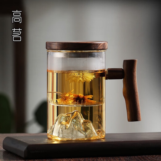 温诗欧个人专用泡茶杯茶水分离男士带把喝茶水杯玻璃日式观山茶道杯子 9194鸿崖三件杯榉木450ML 200mL(含)-400mL(含)