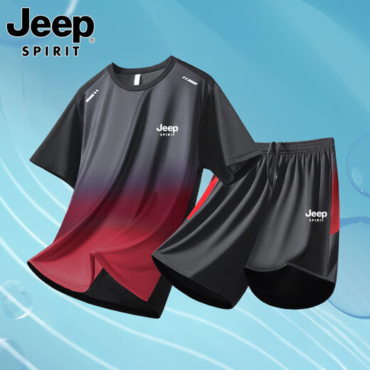 JEEP SPIRITJeep吉普速干T恤男士渐变冰丝短袖2025新款夏季运动套装跑步服男 9901黑绿套装【新款冰丝速干】 M