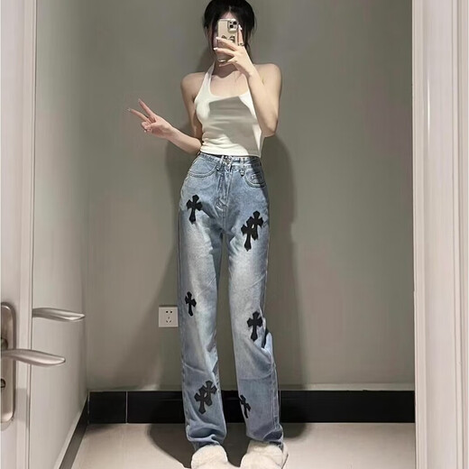 Chrome Heart Stu Vlbe Miami ch Color Cross Veneer Men and Women Style High Street American Straight-Drum Croque Jean noir Cross jaune (9928) S