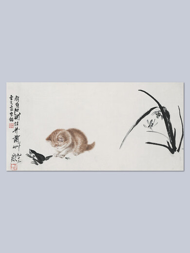 Yilanoqi White Stone Cat Fun Picture Famous Painting Poster Living Room Restaurant Dormitory Flower and Bird Picture Decorative Sticker Hanging Painting Landscape Chinese Painting Ink Adhesive Backing (Adhesive on the back, tear it off and stick it on) 60 30 cm Cat Fun Picture 2001