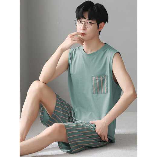 Langsha Pyjamas Herren Sommer Baumwollweste ärmellose Shorts locker plus großer Casual Style Thin Home Clothing Set NJR-LX12027 Blau gestreifte Hosen runden Hals Pullover 3xl [Sammlung und Kauf, Prioritätsablieferung]