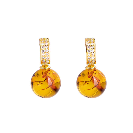Fat Donglai quality amber earrings, raw amber, round beads, earrings, ear hooks, classic style, S925 silver gold-plated inlaid, the internal patterns of amber are ever-changing, the following pictures