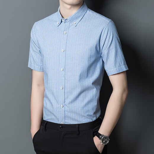 NOSSKISS international brand men's high-end short-sleeved shirt men's summer casual business striped cotton middle-aged thin half-sleeved PD2119 blue stripe L suitable for 120-140Jin Jin equals 0.5 kg