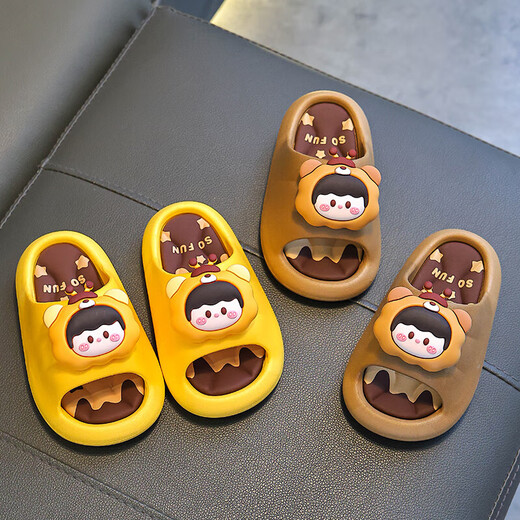 Summer children's sandals for boys and girls, non-slip indoor bathing, parent-child soft soles, large, medium and small children's beach sandals, yellow 12, size 24/25 (shoe inner length 15CM, suitable for feet 14