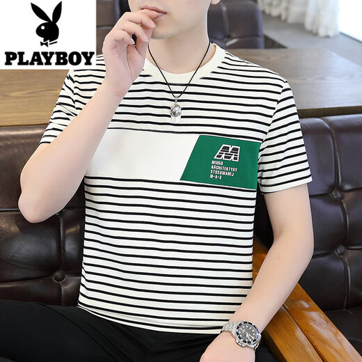 Playboy (PLAYBOY) short-sleeved T-shirt for men's cotton shirt for teenagers striped sweatshirt trendy men's half-sleeved round neck shirt 9898 White M [Suggested 90-105Jin [Jin equals 0.5 kg]]