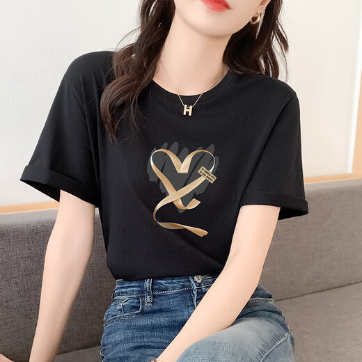 NOSSKISS奢侈高档品牌短袖棉t恤女2025夏季新款时尚宽松显瘦气质百搭上衣 黑色724 S